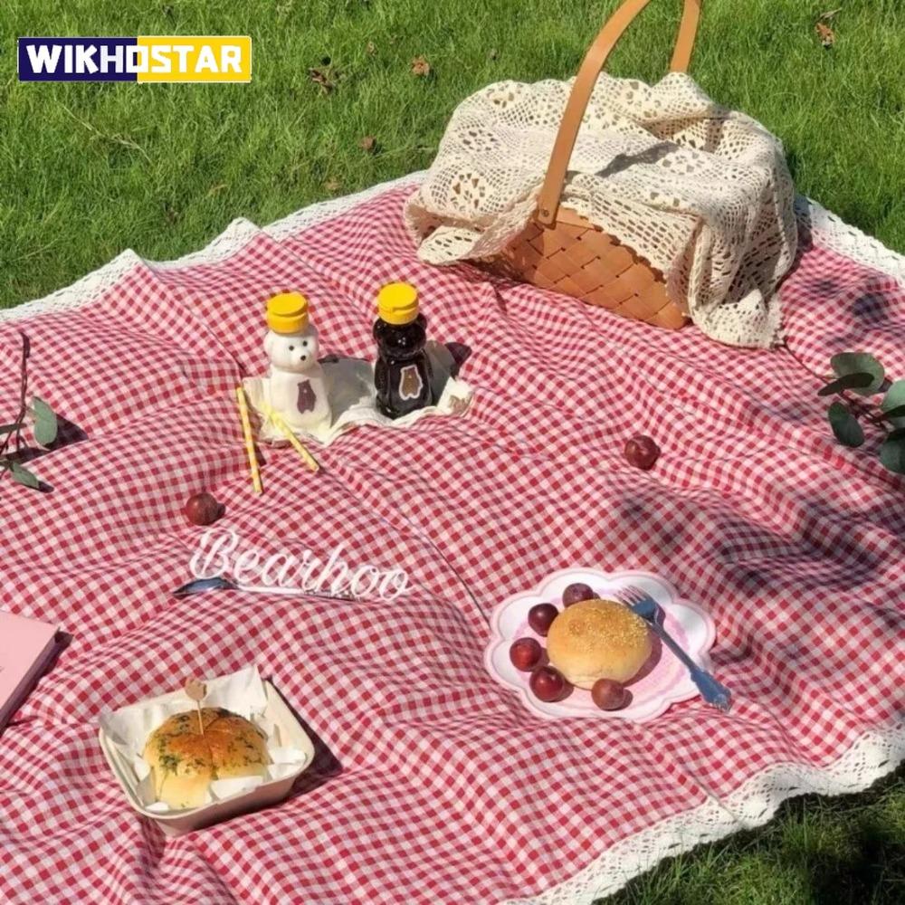 1pc Outdoor Picnic Mat, Summer Thick Waterproof Beach Blanket, Lace Red Checkered Camping Mat, Tablecloth Mat