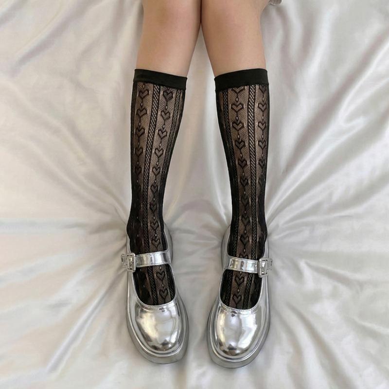 Lace Stockings Openwork Heart Jacquard White Calf Socks Students Thin Mid-Calf Socks