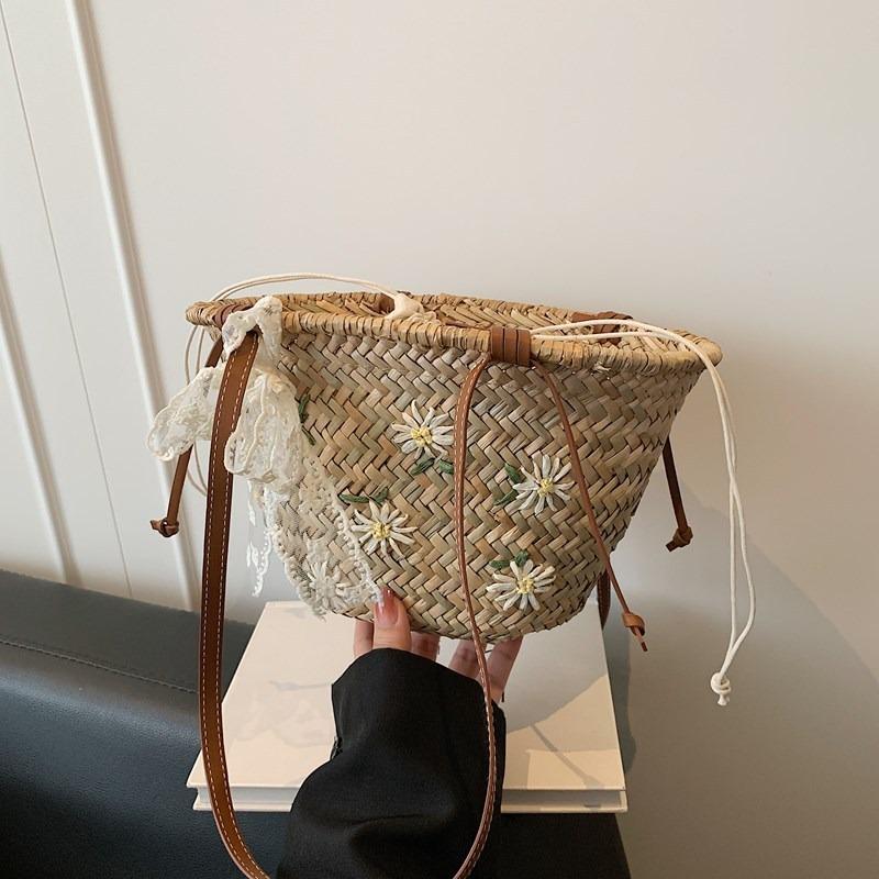 

Летняя соломенная сумка-ведро новая женская сумка на плечо с шелковым шарфом, бантом и цветком для отпуска на море
