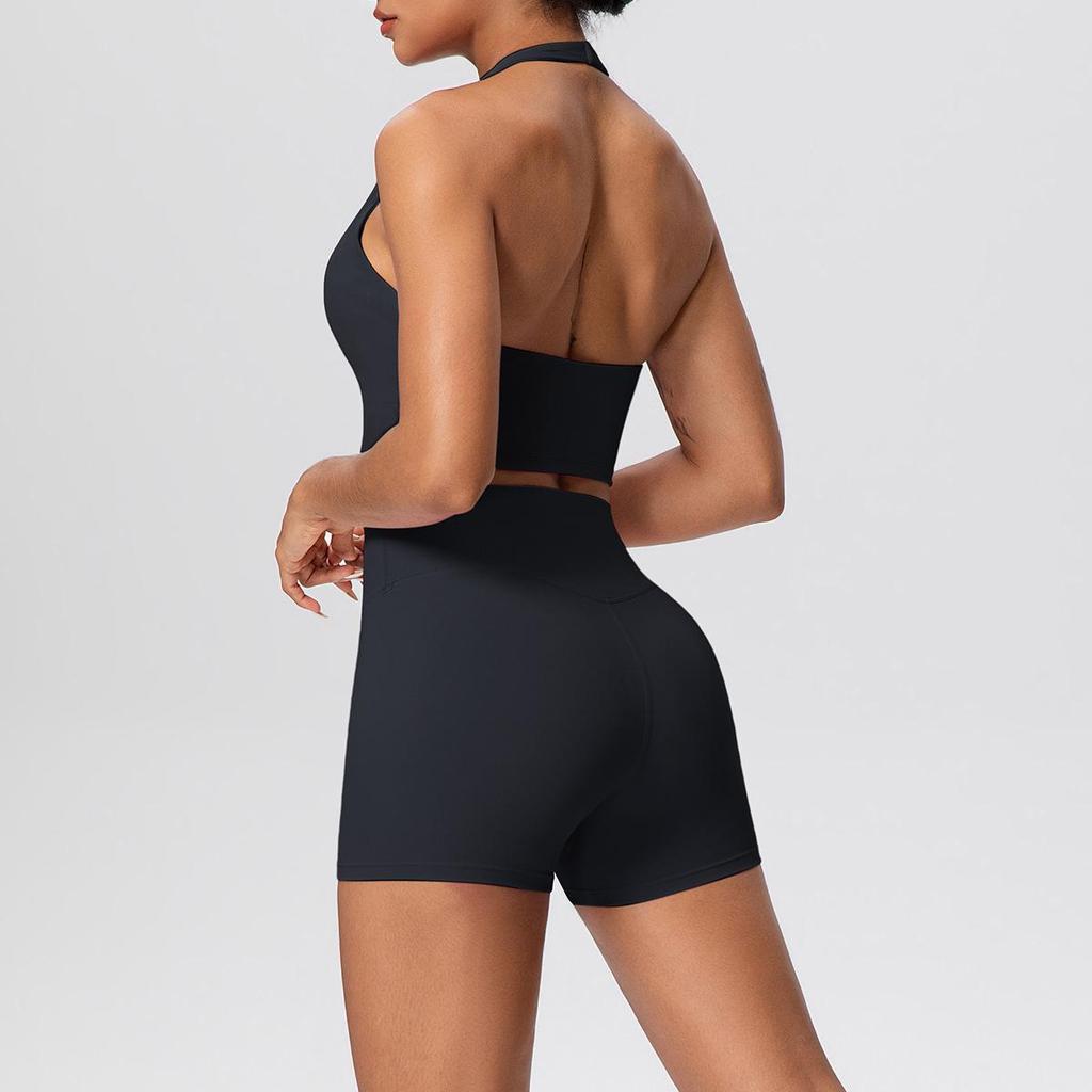 European & American Halter Sports Bra and High Waist Yoga Shorts Set for Women