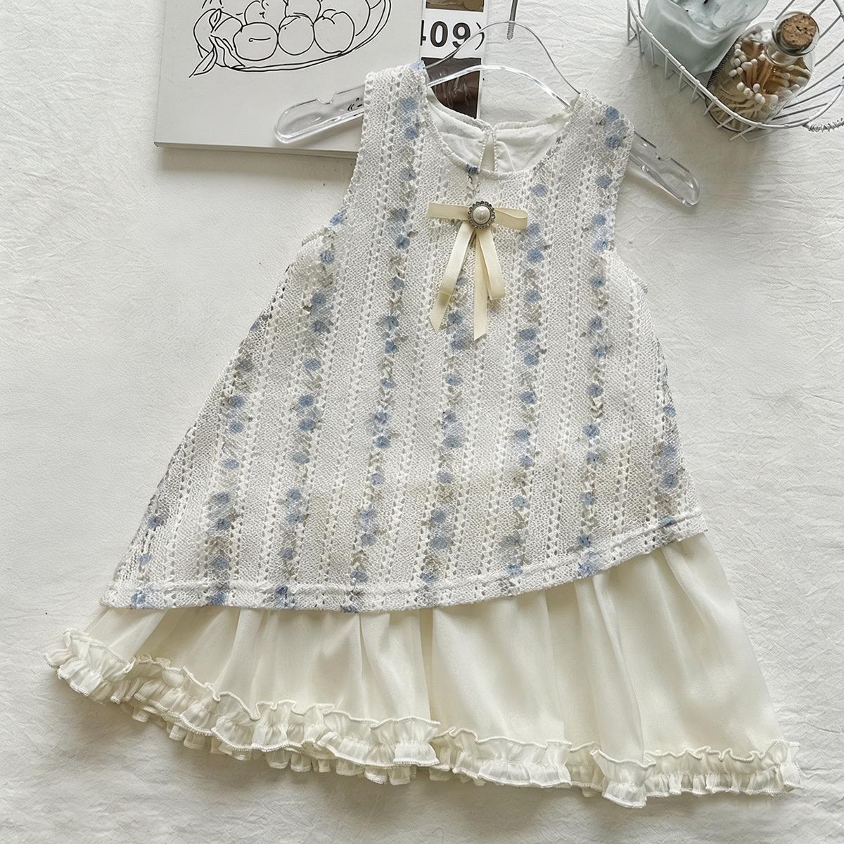 Girls Summer Floral Sleeveless Dress Mesh Splicing Ruffle Princess Dress Hollow Out Design 90cm