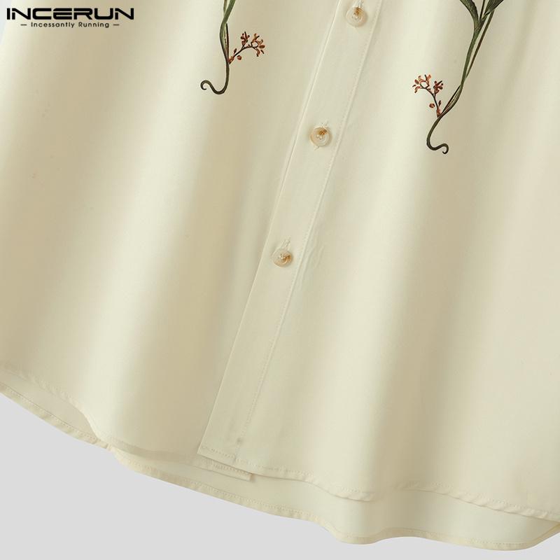 INCERUN Summer Men Collarless Short Sleeve Floral Print Casual Loose Shirts