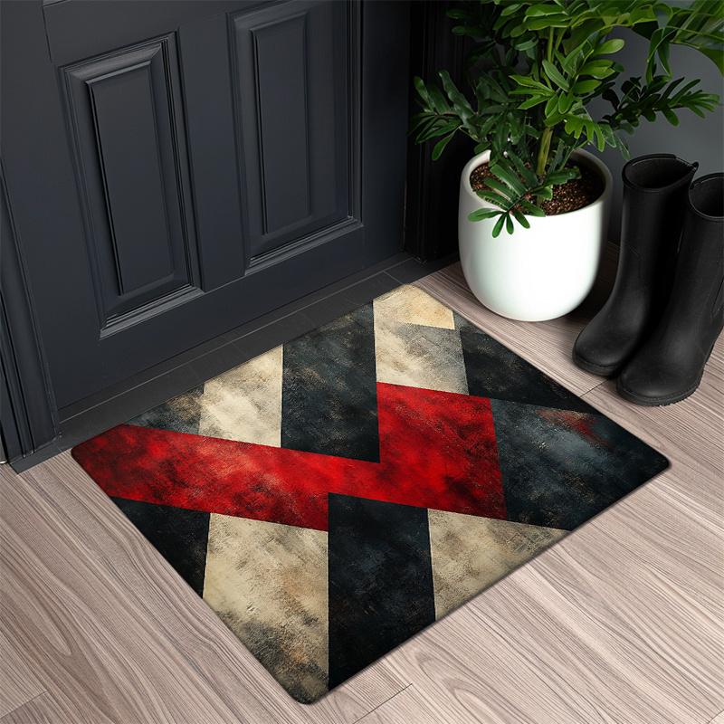 1pc Modern Geometric Flannel Sponge Mat - Non-Slip, Washable Kitchen Floor Mat with Black, White, and Red Geometric Patterns, Pe