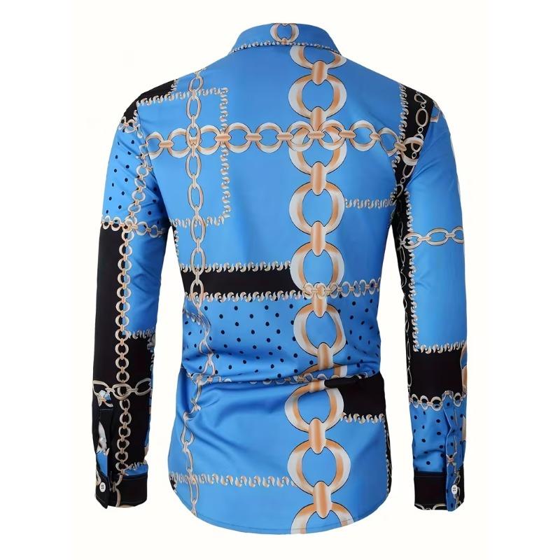 Spring Autumn New Men Long Sleeve 100% Polyester Shirt Tops Chain Pattern 3D Digital Print Business Casual Shirt