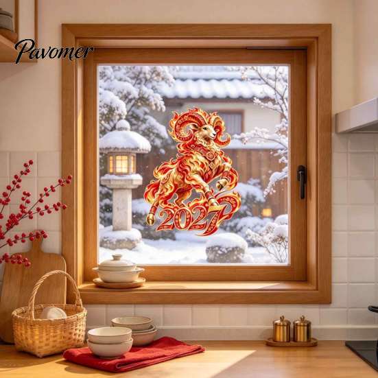Holiday Window Art 2027 Russian New Year Flame Goat Static Glass Sticker, PVC Zodiac Sheep Cling, Red and Gold Home Decorations Stickers for