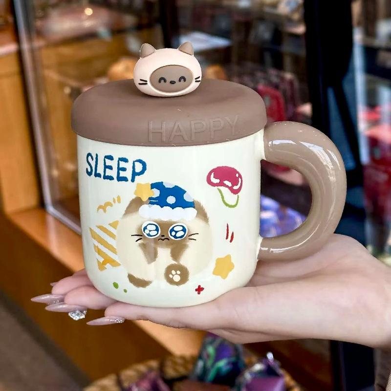 

Cute Siamese cat ceramic cup with lid girl high-value drinking cup couple ceramic coffee cup birthday gift 401-500ml