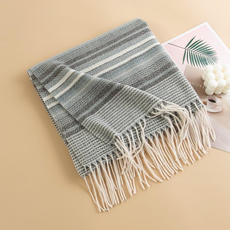 Womens Knitted Plaid Faux Cashmere Scarf With Fringe Warm Stylish Versatile Office Winter Everyday Wear