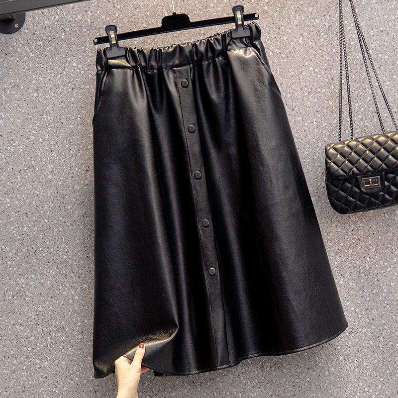 

Женская юбка из искусственной кожи, мягкая кожаная юбка с высокой посадкой, однобортная юбка трапециевидной формы миди с эластичной резинкой на талии S чёрный
