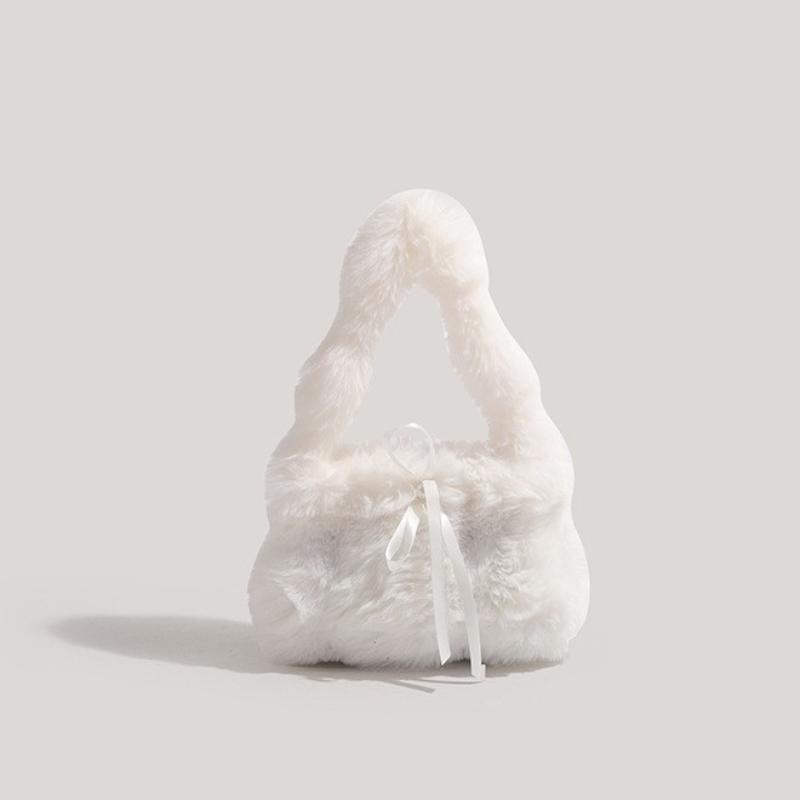 

High-level Appearance Butterfly Knot Cute Bag Fairy Shoulder Bag Handbag with Fluffy Trim білий