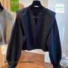 French Style V-neck Shoulder Pads Short Sweater Women's Spring and Autumn New Fashion Casual Loose Niche Bottoming Shirt