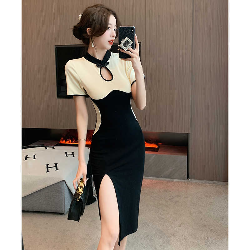 Chinese sexy contrasting color hollow dress summer dress new temperament high waist and thin split fork medium and long cheongsam