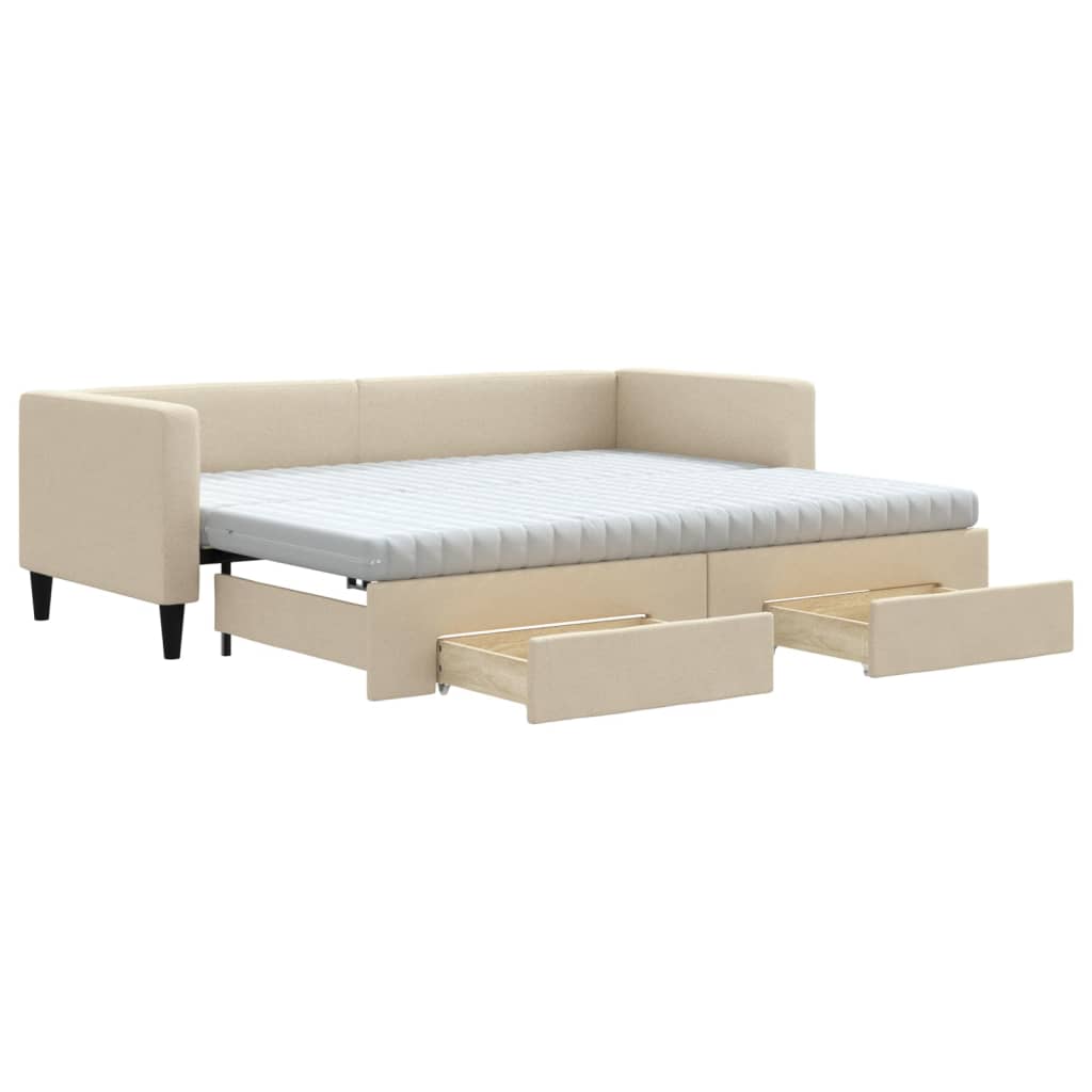 Pull Out Daybed with Drawers Cream 80 X 200 Cm Fabric