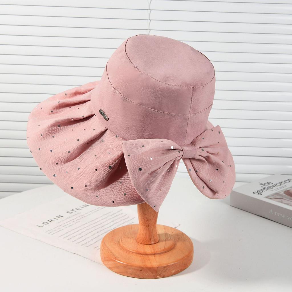 Bow Decorative Sequins Design Big Eaves Bucket Hat Outdoor Casual Fashion Breathable Sun Hat
