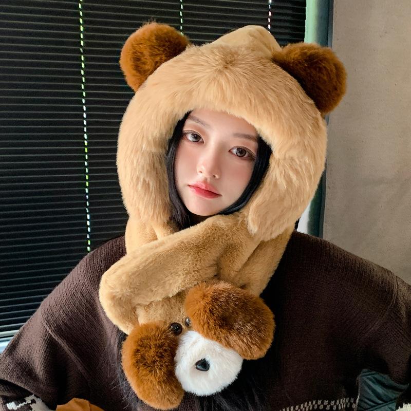 Winter Cute Plush Bear Scarf Integrated Hat Women's Fashion Cold Protection Ear Protection Cover