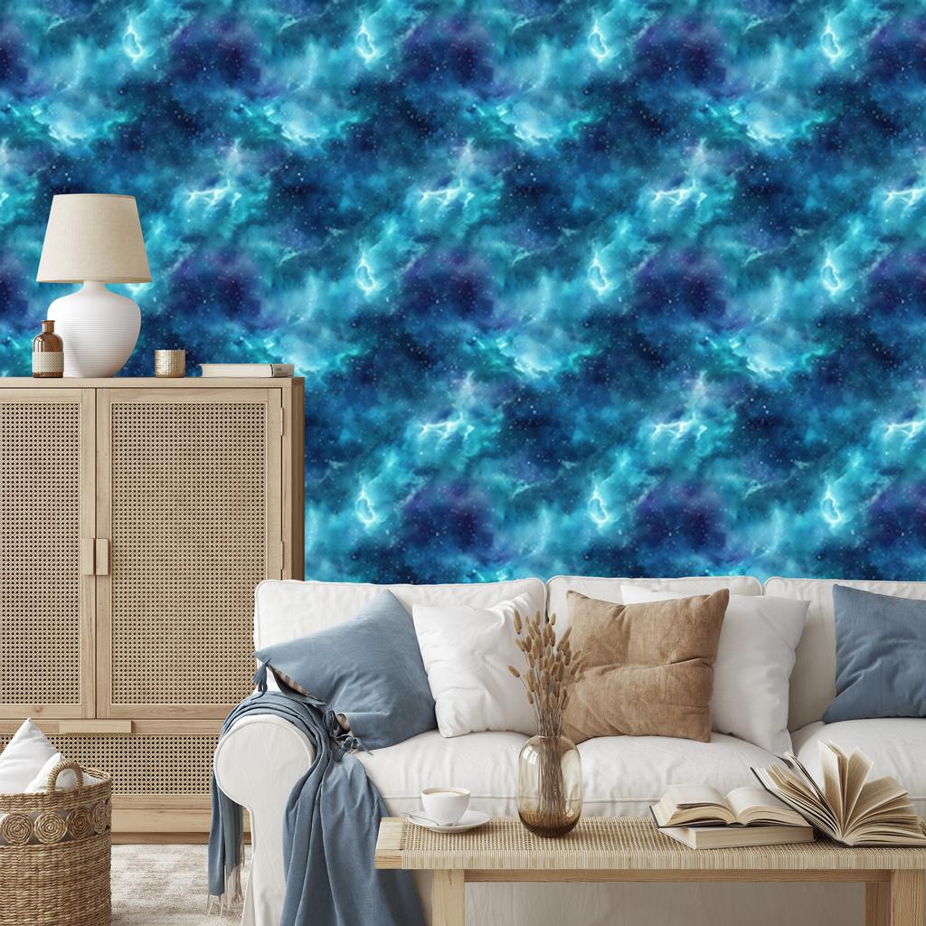 Watercolor Galaxy Wallpaper Blue, Turquoise and Navy Blue 50x1000