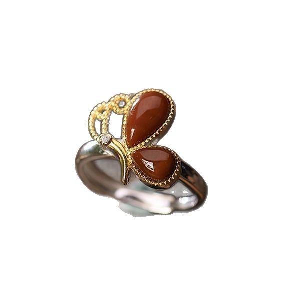 Natural imitation Hetian jade red butterfly two-tone ring, vintage court style inlaid with zircon, dragonfly wish-fulfilling ring jewelry