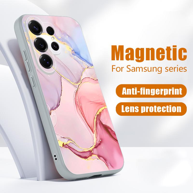 Magnetic For Magsafe Case For Samsung Galaxy S26 Ultra S25 Edge S24 Plus S23 FE S22 A54 A55 A56 5G Pink Marble Pattern Matte Cover