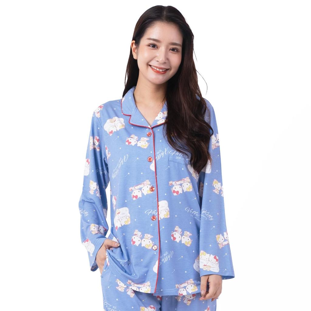 SAZAC 50th Anniversary Hello Kitty Shirt Long Sleeve and Pants Jersey Cotton Hello Kitty Mimmy Women's Pajamas, Set, Loungewear, & (Blue/M/SAN1740)
