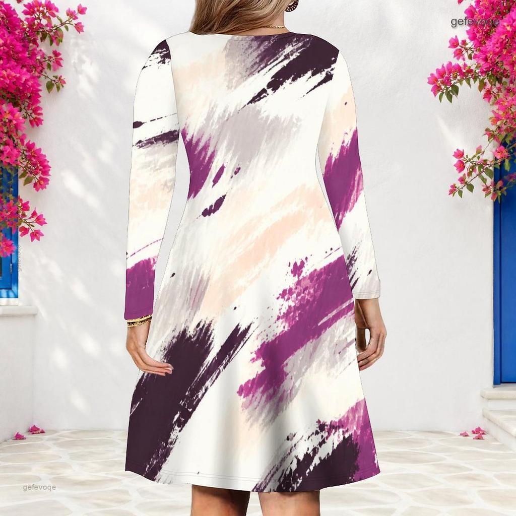 Women Plus Size V Neck Long Sleeve Printed Light Blue A Line Dress