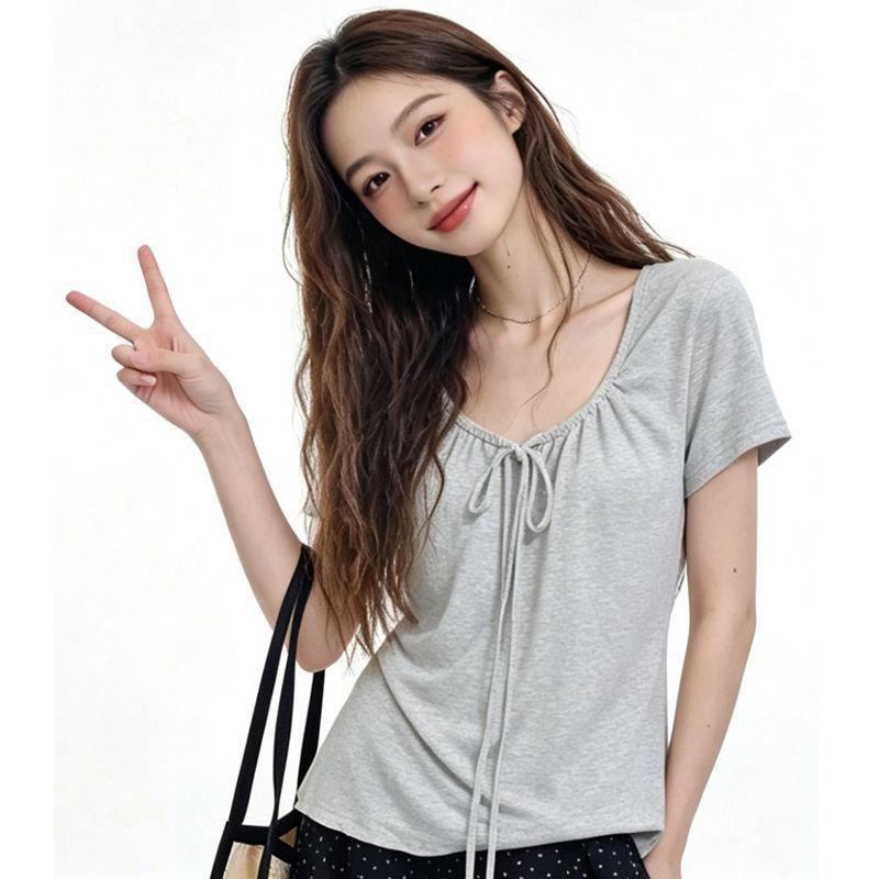 Unique and Chic Front Shoulder Straps, Super Good-looking Short-sleeved T-shirt, Summer White Thin Belly-covering Temperament Top