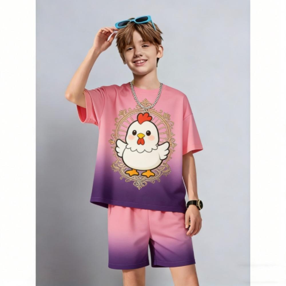 Men's Set Fun Cartoon Chicken Printed Men's T-shirt and Shorts 2 Piece Set Summer Casual Outdoor Men's and Women's Outfit Clothing