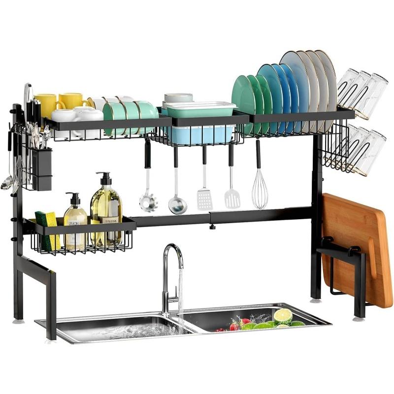 

Expandable over-sink dish drying rack, heavy-duty stainless steel 2-tier drainer with utensil holder, 25.6–36.6in adjustable XL
