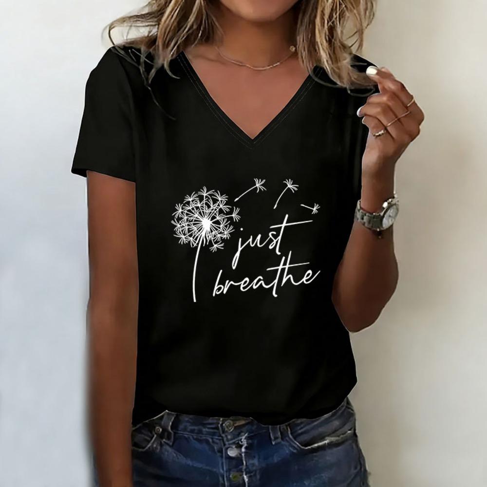 

Just Breathe Dandelion T-shirt V Neck Casual Fashion Y2k T Shirts Women Short Sleeve Tee Shirt V-Neck Summer Spring XL