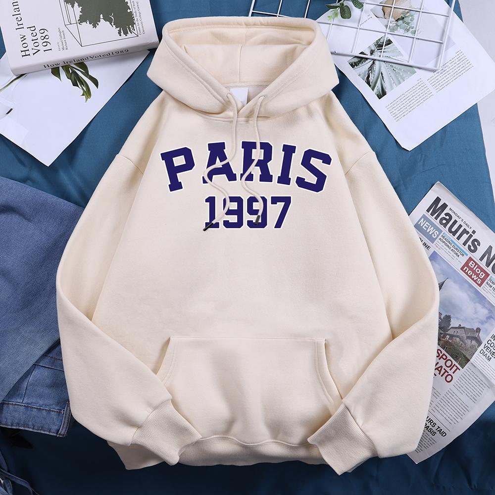 Paris 1997 Street City Letter Print Hoodies Women Warm Fleece Daily Pullovers Fashion Casual Hooded Basic All Match Sweatshirt