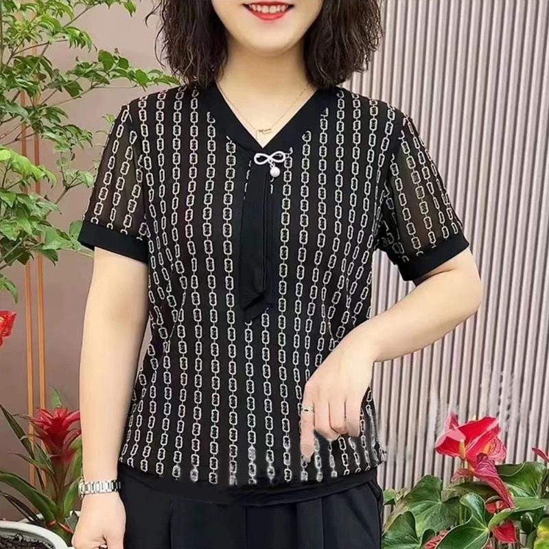 

Summer top Ice silk short-sleeved T-shirt 50 years old 60 women s loose half-sleeved shirt thin 4XL
