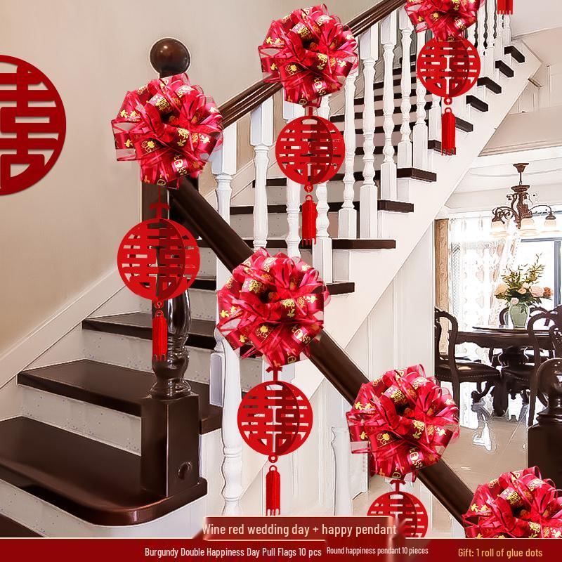 Romantic Wedding Staircase Handrail Decoration Set with Tulle, Balloons, and Pull Flowers