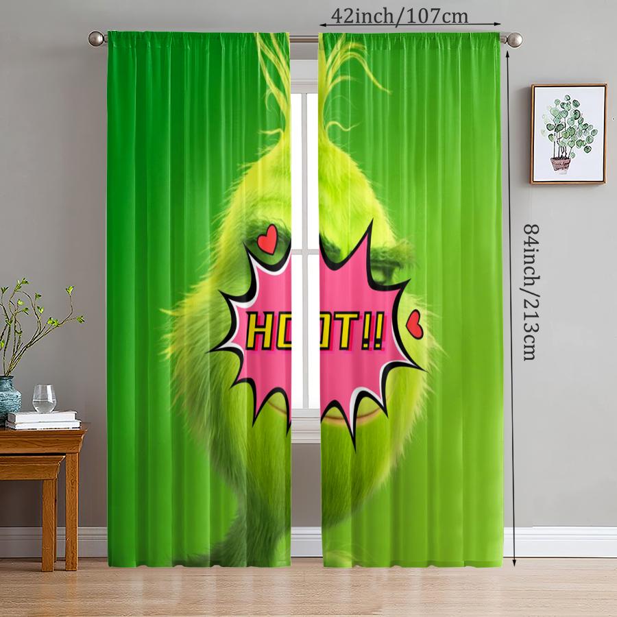 Green Cartoon Christmas Monster Print Curtains, Pole Bag Curtains, Christmas Decorations, Home Decorations, Room Decorations