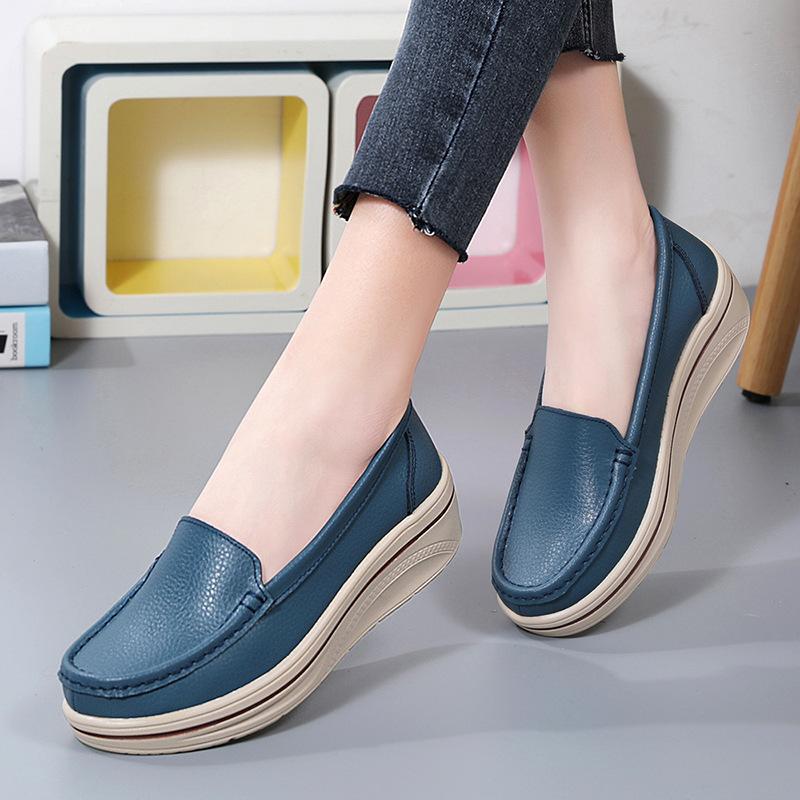 Women Genuine Leather Rocker Shoes Slip-on Loafers Casual Walking Shoes Mother Shoes Wedge Heels Platform Footwear