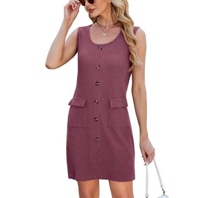 Damen Frühling/Sommer Einfarbig Rundhals Knopf-Tasche Ärmelloses Westenkleid