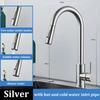 Silver/black stainless steel pull-out hot and cold water sink/washbasin faucet, suitable for kitchens, with splash-proof design.