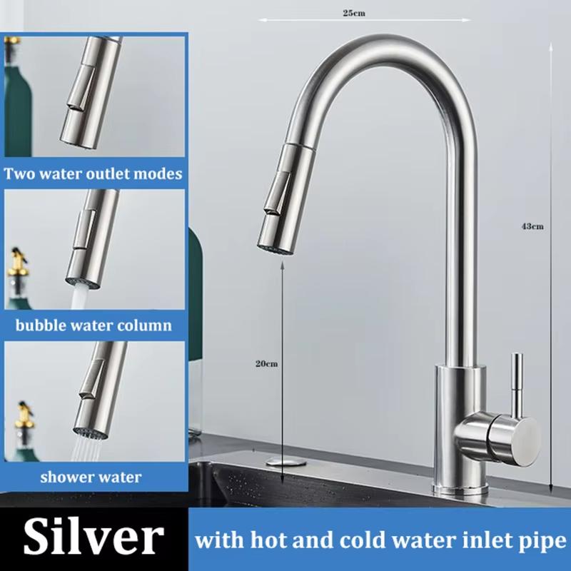 Silver/black Stainless Steel Pull-out Hot and Cold Water Sink/washbasin Faucet, Suitable for Kitchens, with Splash-proof Design.