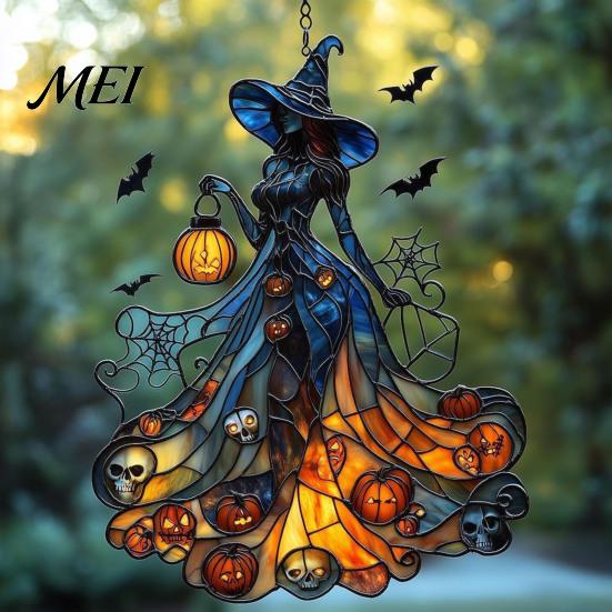 Handcrafted Witch Style Suncatcher Acrylic Suncatcher, Stained Glass Effect Window Car Hanging Ornament, Gothic Scary for Windows with Pumpkin Lantern
