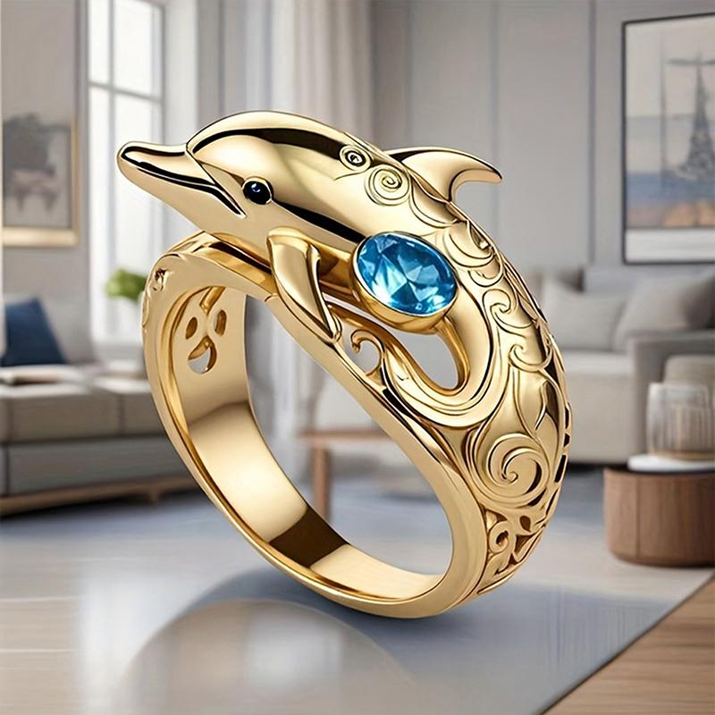 Huitan Chic Dolphin Design Finger Rings for Women Ocean Animal Rings with Blue Cubic Zirconia Gifts Daily Wear Fashion Jewelry