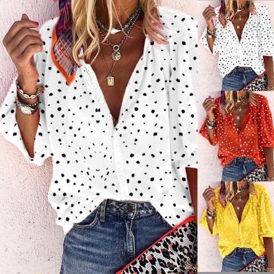 Women's New Polka Dot Printed Long Sleeved Lapel Single Breasted Shirt Top