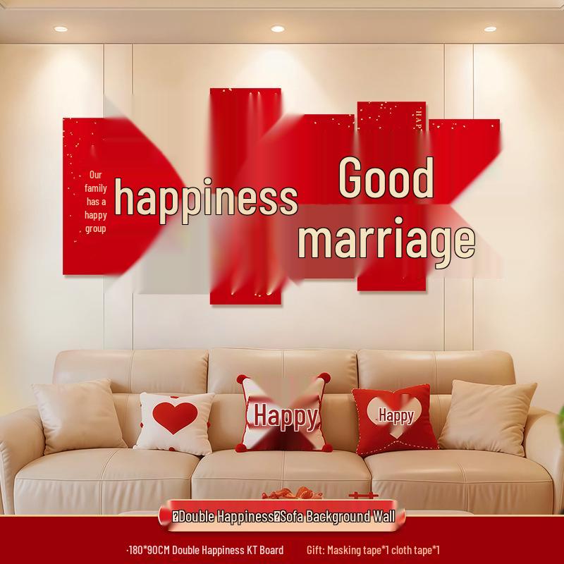 Bröllops vardagsrumsdekor: Bakgrundsvägg och soffgrupp med dubbel lycka