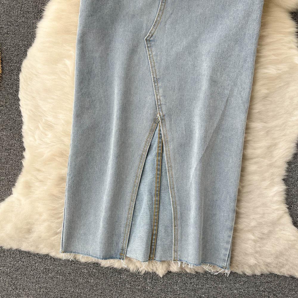 Rudod High Waist Denim Skirt Women's Spring And Summer Design Sense Medium Long Irregular Split A-Shaped Hip Wrap Skirt Trend