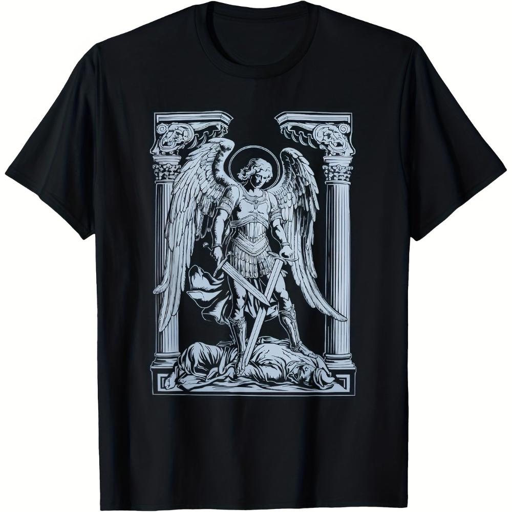 Unisex Black Small Archangel Catholic Guardian Angel Graphic TShirt Made of 100 Cotton Featuring A Religious Christian Design