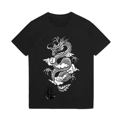Black White Summer Men's Clothes Dragon Printed Blouse Cotton T-Shirts Male Tee Tops