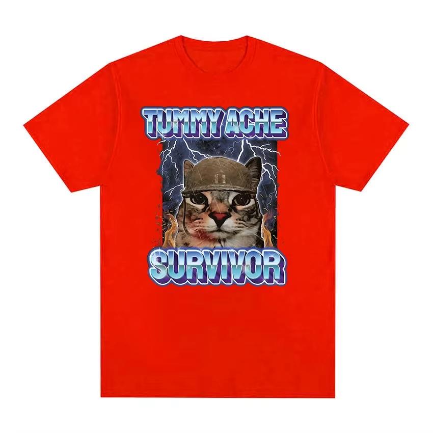 Vintage Tummy Ache Survivor Funny Cat Meme Tee Shirt Men Women Clothing Fashion Short Sleeve T-shirt Casual Pure Cotton T Shirts