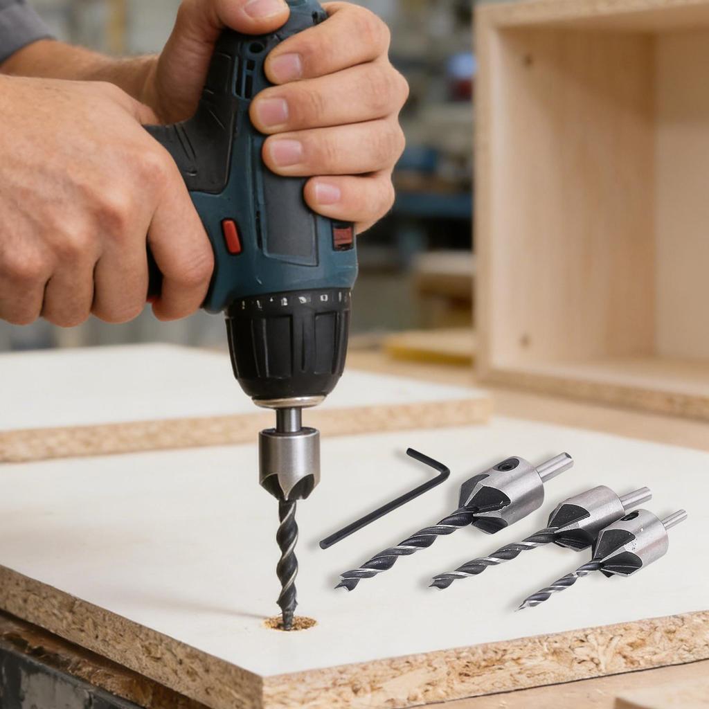 5PCS Woodworking Countersink Drill Bits Set with L Wrench Chamfering Drill Bits Hole Opener Tool Carpentry Reamer for Screw