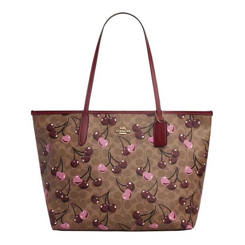 COACH City 33 Logo Cherry Print Artificial Leather Tote Bag Shopping Bag Shoulder Bag Large Women's Brown hnedá