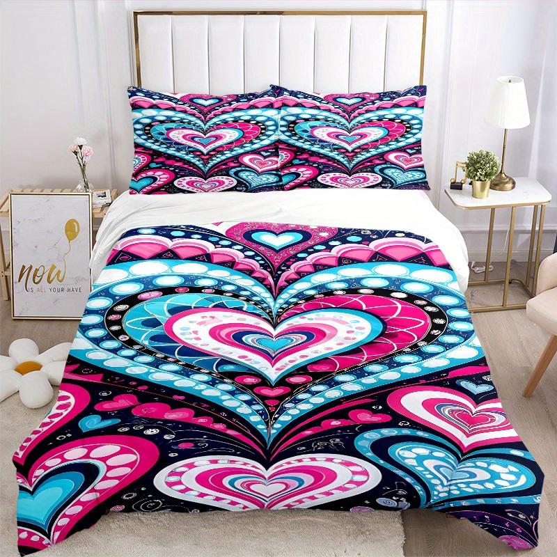 3Pcs Heart-patterned fabric Printed Bedding Set, Breathable And Soft, Machine Washable, Christmas Gift, Suitable for Bedroom Decoration, 15166