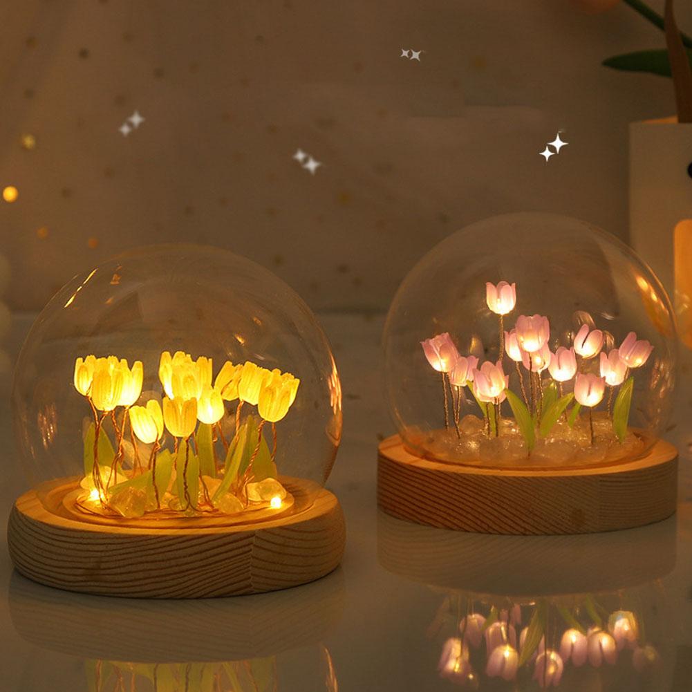 Tulip Flower Night Light With Glass Cover Handmade DIY Bedside Light LED Night Lamp Table Desk Lamp Bedroom Decor USB Mood Light