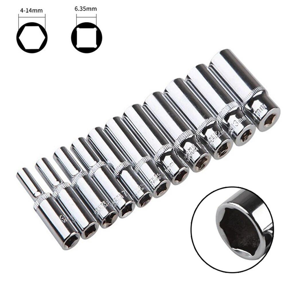 1pc 1/4 Hex Socket Adapter Chromium-vanadium Steel Deep Socket Wrench Head Sleeve For Ratchet Wrench Auto Repair Hand Tool