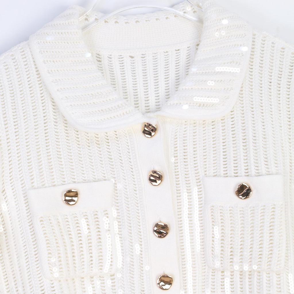 Women's French Sequin Lapel Cardigan & A-line Skirt Set with Metal Buckle and Hollowed Short Sleeves