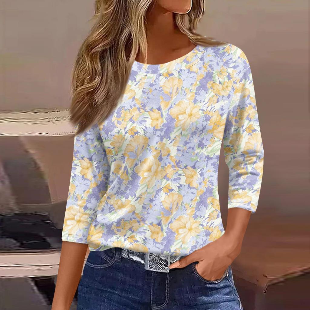 Women's Three-Quarter Sleeve Shirt, Round Neck, Loose Fit, Casual Shirt, Floral Print T-Shirt, Summer